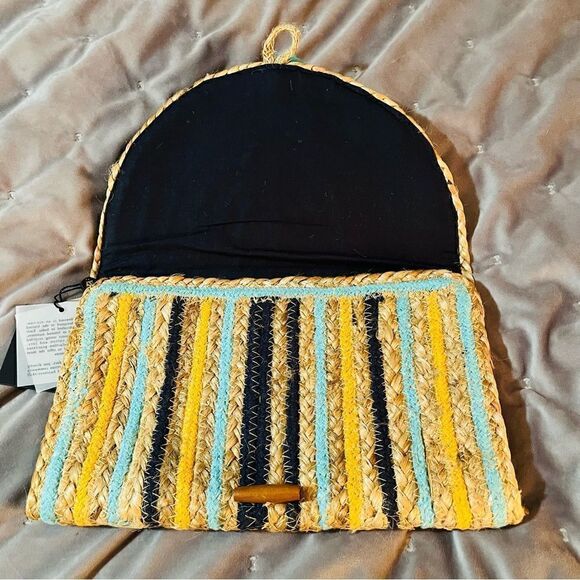 AMERICA & BEYOND Sunset Striped Staw Woven Jute Clutch Purse Tan Blue OS NWT - Picture 5 of 12